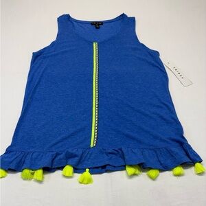 Tribal Cobalt Blue Tank with Neon Yellow Tassel Trim Size Medium